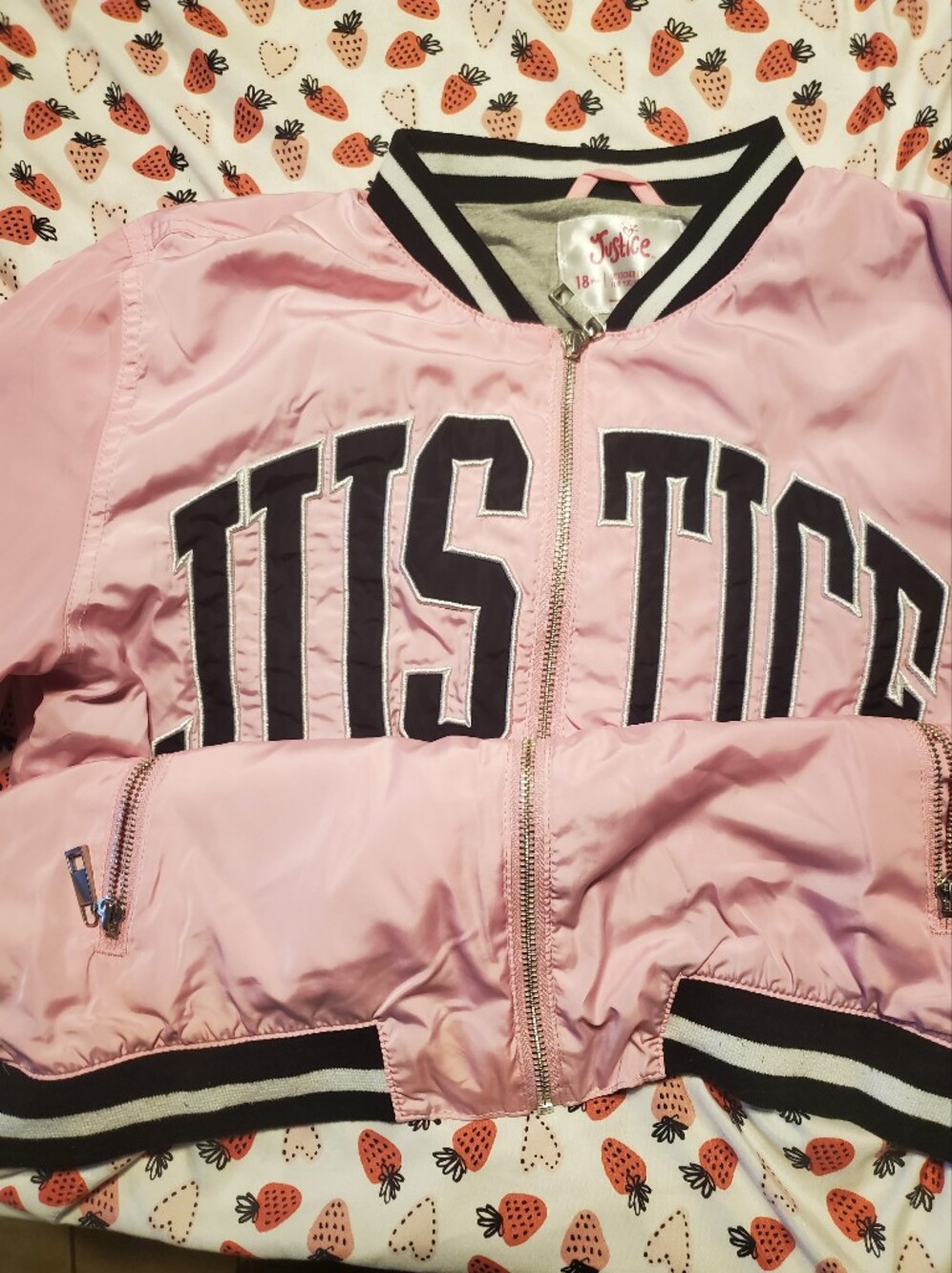 Justice Pink Bomber Jacket with Black Lettering Size 18 Plus 1x 2x